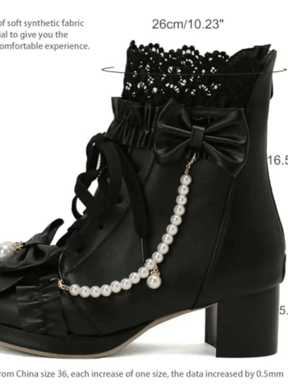 Chunky Mid Heel Ankle Boots Bow Platform Lace Up Booties with Pearl